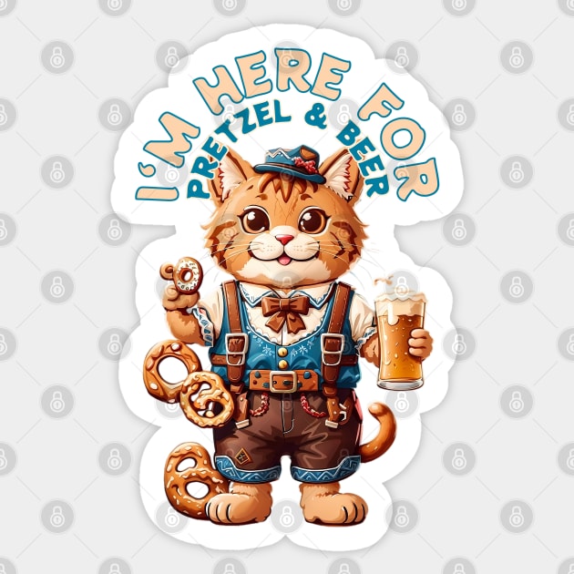 Bavarian oktoberfest cat with pretzel and beer Sticker by BrisaArtPrints